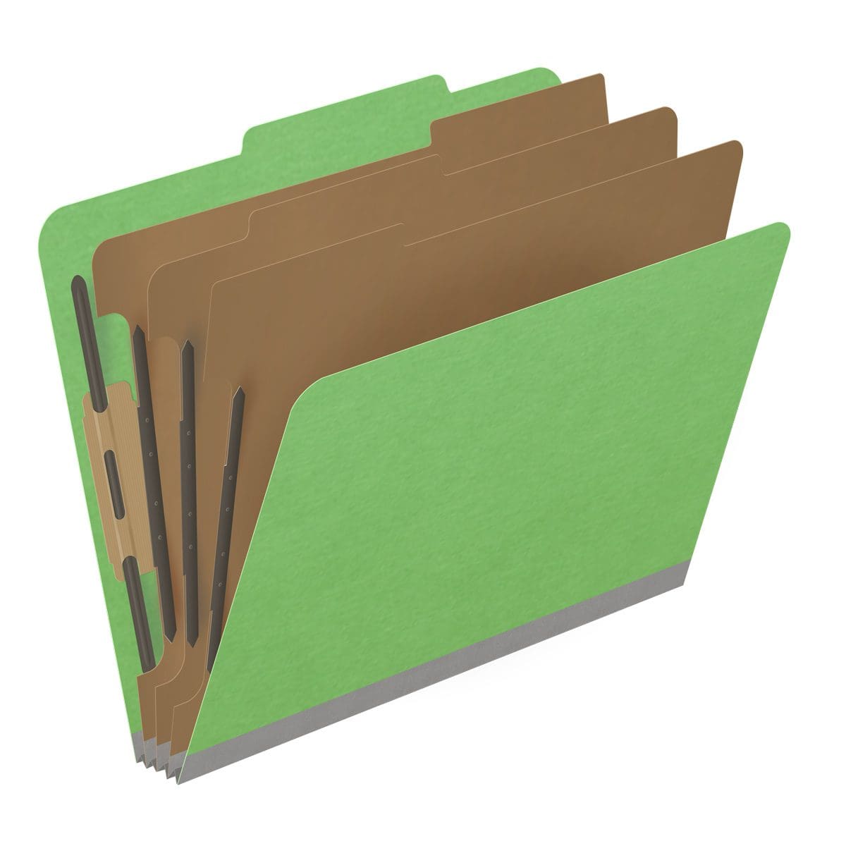 Green letter size top tab classification folder with 3" gray tyvek expansion, with 2" bonded fasteners on inside front and inside back and 1" duo fastener on dividers. 18 pt. paper stock and 17 pt brown kraft dividers, 10/Box