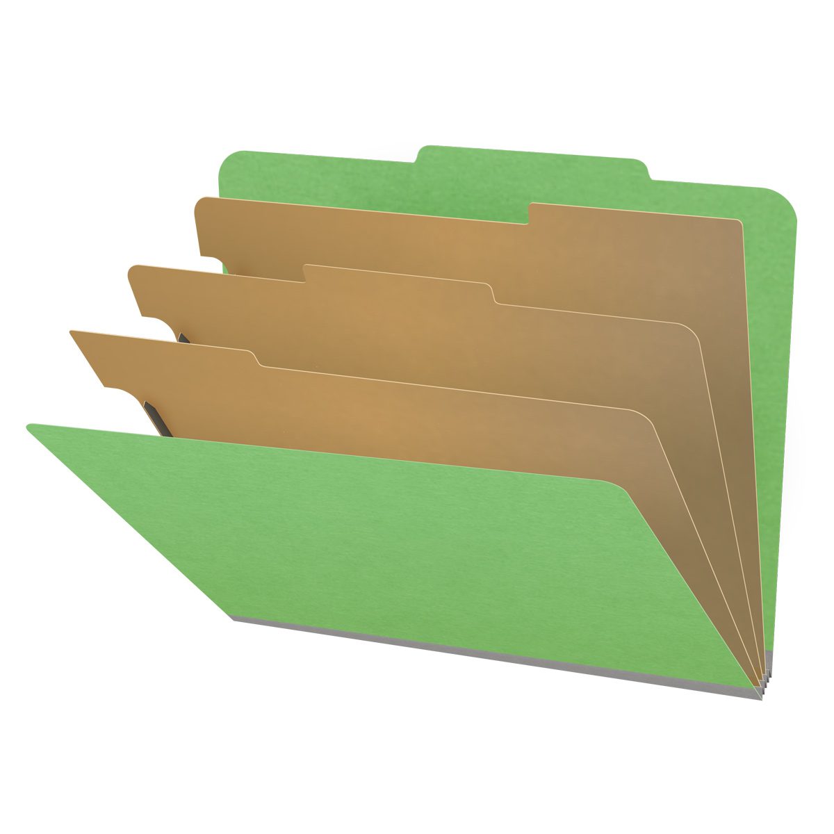 Green letter size top tab classification folder with 3" gray tyvek expansion, with 2" bonded fasteners on inside front and inside back and 1" duo fastener on dividers. 18 pt. paper stock and 17 pt brown kraft dividers. Packaged 10/50.