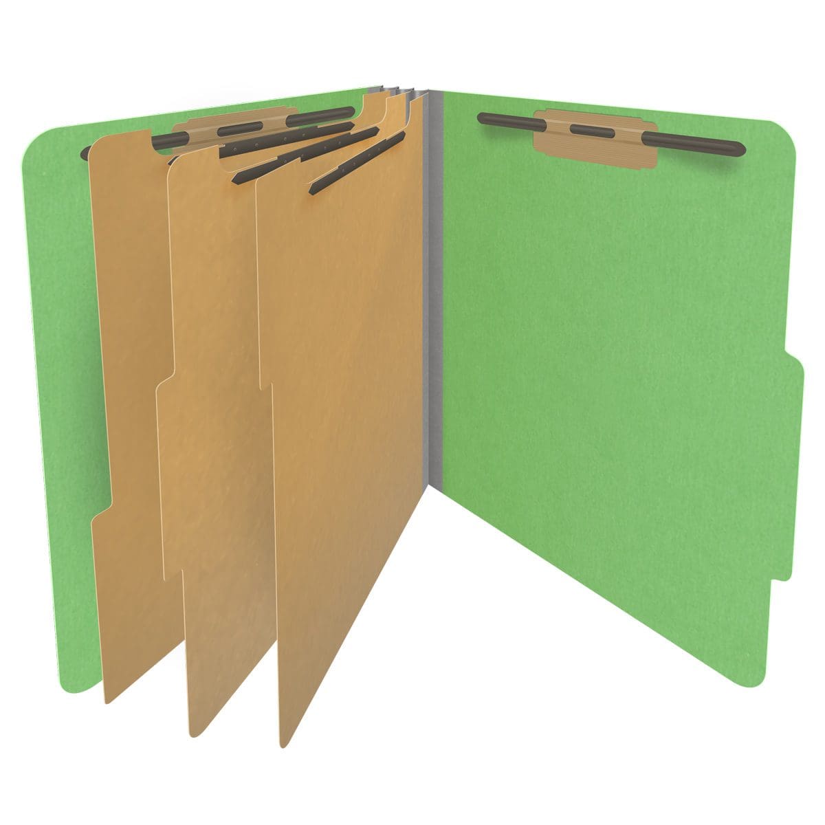Green letter size top tab classification folder with 3" gray tyvek expansion, with 2" bonded fasteners on inside front and inside back and 1" duo fastener on dividers. 18 pt. paper stock and 17 pt brown kraft dividers. Packaged 10/50.