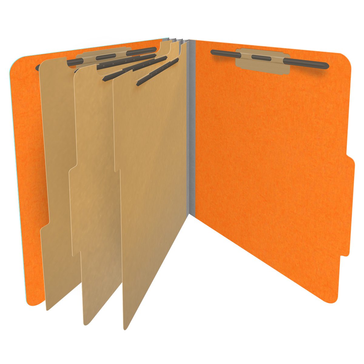 Orange letter size top tab classification folder with 3" gray tyvek expansion, with 2" bonded fasteners on inside front and inside back and 1" duo fastener on dividers. 18 pt. paper stock and 17 pt brown kraft dividers. Packaged 10/50.