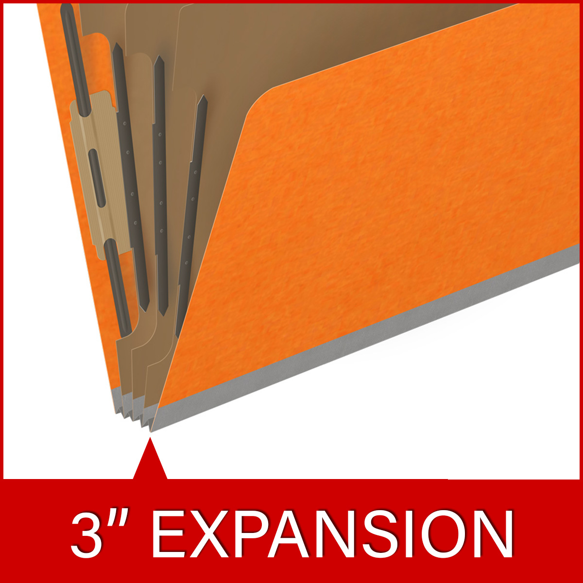 Orange letter size top tab classification folder with 3" gray tyvek expansion, with 2" bonded fasteners on inside front and inside back and 1" duo fastener on dividers. 18 pt. paper stock and 17 pt brown kraft dividers, 10/Box
