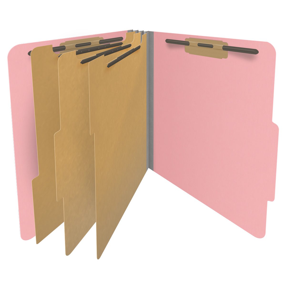Pink letter size top tab classification folder with 3" gray tyvek expansion, with 2" bonded fasteners on inside front and inside back and 1" duo fastener on dividers. 18 pt. paper stock and 17 pt brown kraft dividers. Packaged 10/50.