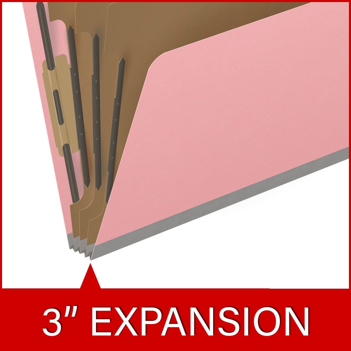 Pink letter size top tab classification folder with 3" gray tyvek expansion, with 2" bonded fasteners on inside front and inside back and 1" duo fastener on dividers. 18 pt. paper stock and 17 pt brown kraft dividers. Packaged 10/50.