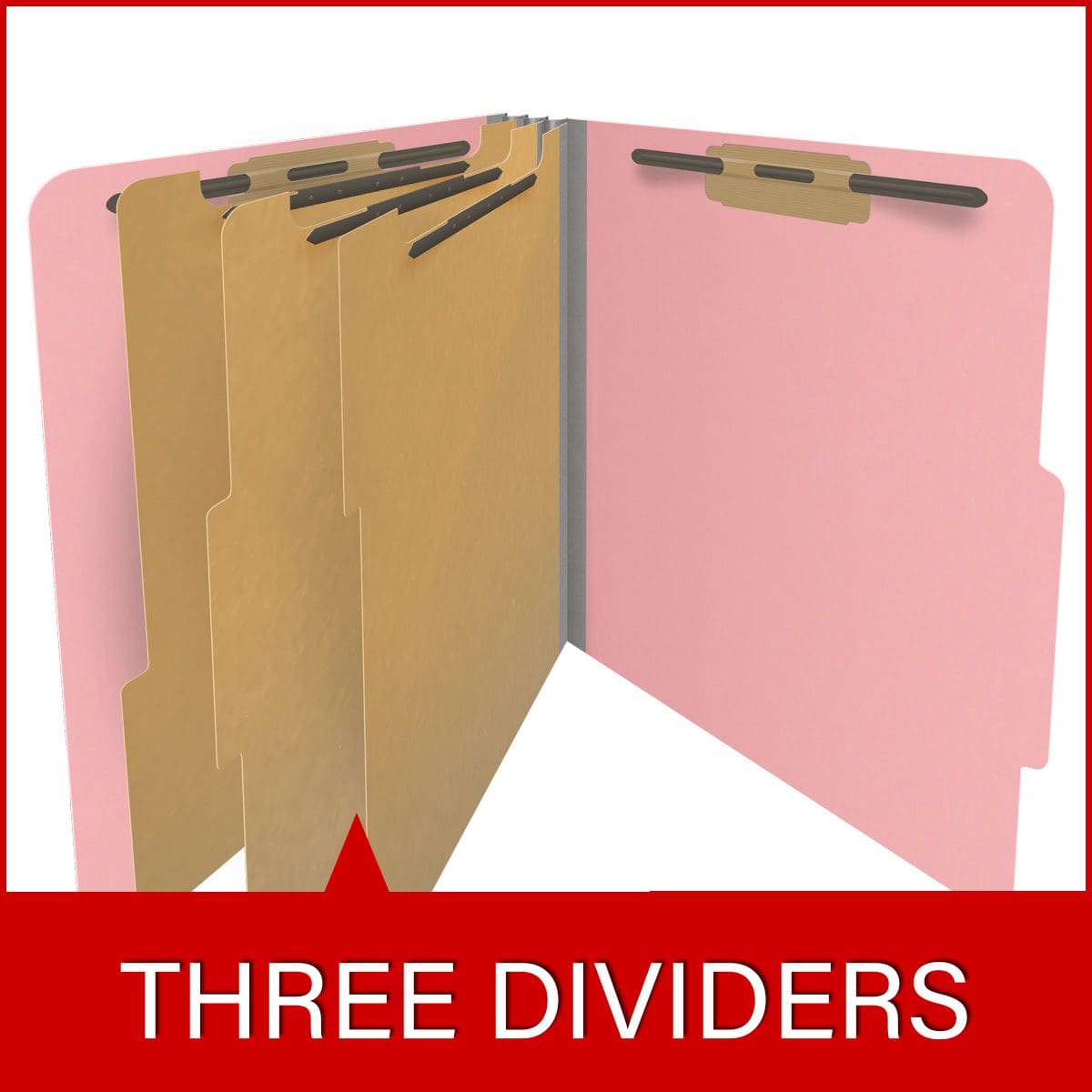 Pink letter size top tab classification folder with 3" gray tyvek expansion, with 2" bonded fasteners on inside front and inside back and 1" duo fastener on dividers. 18 pt. paper stock and 17 pt brown kraft dividers, 10/Box