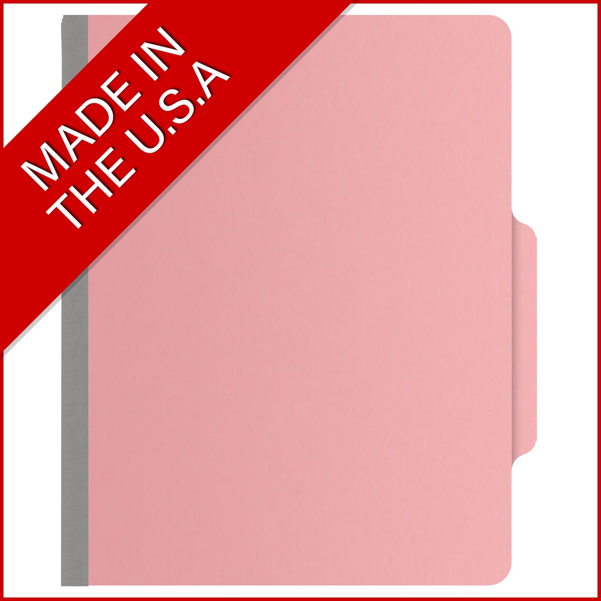 Pink letter size top tab classification folder with 3" gray tyvek expansion, with 2" bonded fasteners on inside front and inside back and 1" duo fastener on dividers. 18 pt. paper stock and 17 pt brown kraft dividers. Packaged 10/50.