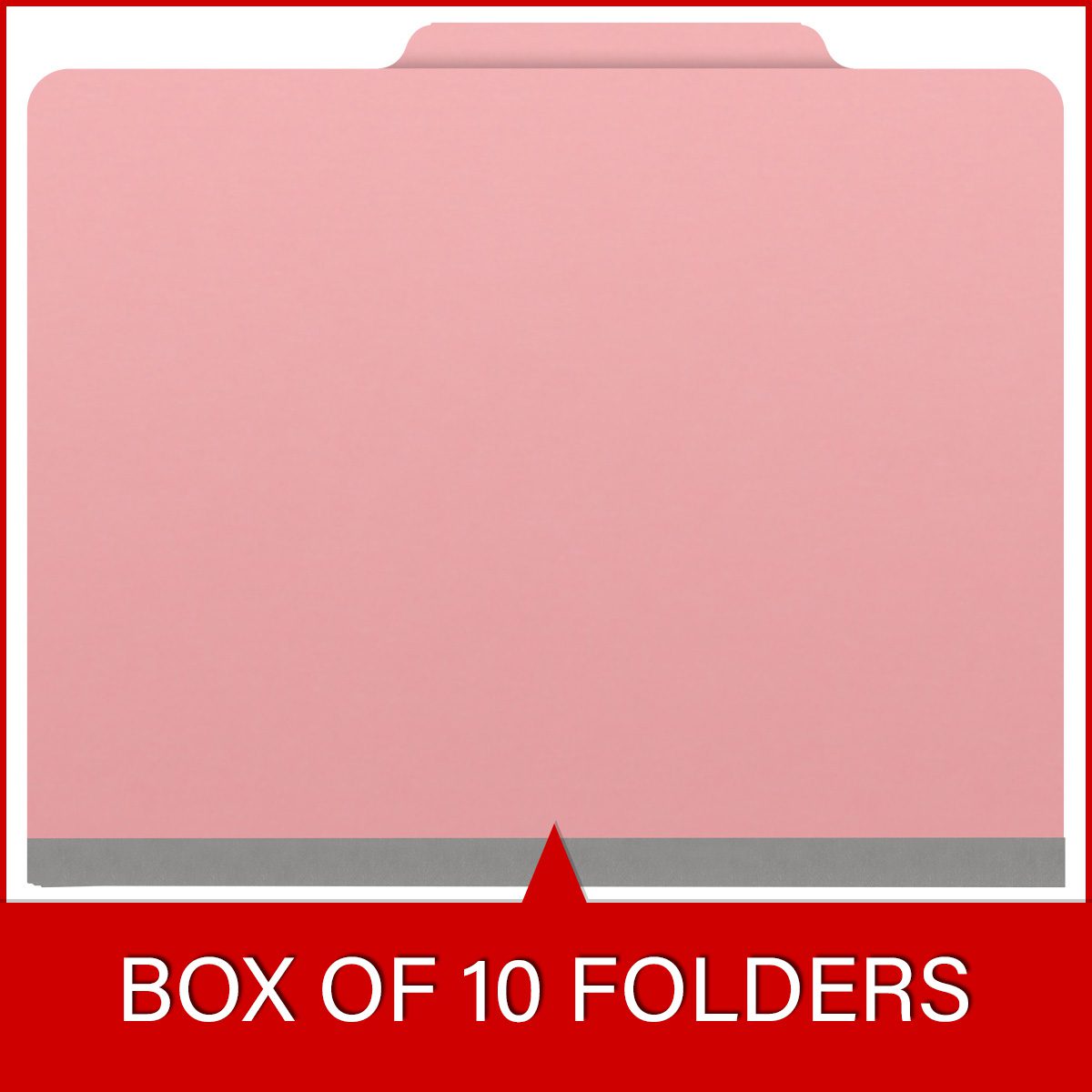 Pink letter size top tab classification folder with 3" gray tyvek expansion, with 2" bonded fasteners on inside front and inside back and 1" duo fastener on dividers. 18 pt. paper stock and 17 pt brown kraft dividers, 10/Box