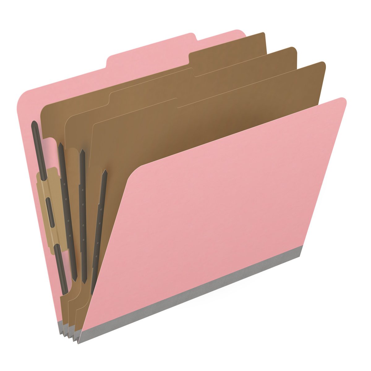 Pink letter size top tab classification folder with 3" gray tyvek expansion, with 2" bonded fasteners on inside front and inside back and 1" duo fastener on dividers. 18 pt. paper stock and 17 pt brown kraft dividers. Packaged 10/50.