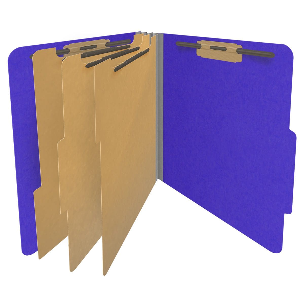 Purple letter size top tab classification folder with 3" gray tyvek expansion, with 2" bonded fasteners on inside front and inside back and 1" duo fastener on dividers. 18 pt. paper stock and 17 pt brown kraft dividers. Packaged 10/50.