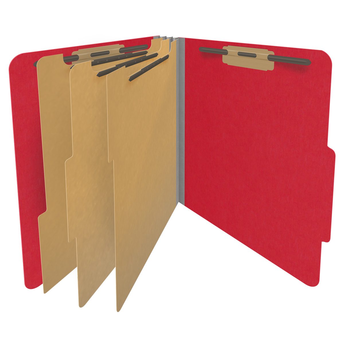 Red letter size top tab classification folder with 3" gray tyvek expansion, with 2" bonded fasteners on inside front and inside back and 1" duo fastener on dividers. 18 pt. paper stock and 17 pt brown kraft dividers. Packaged 10/50.