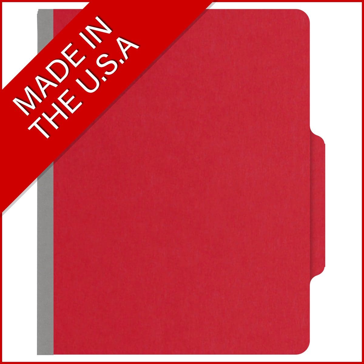 Red letter size top tab classification folder with 3" gray tyvek expansion, with 2" bonded fasteners on inside front and inside back and 1" duo fastener on dividers. 18 pt. paper stock and 17 pt brown kraft dividers. Packaged 10/50.