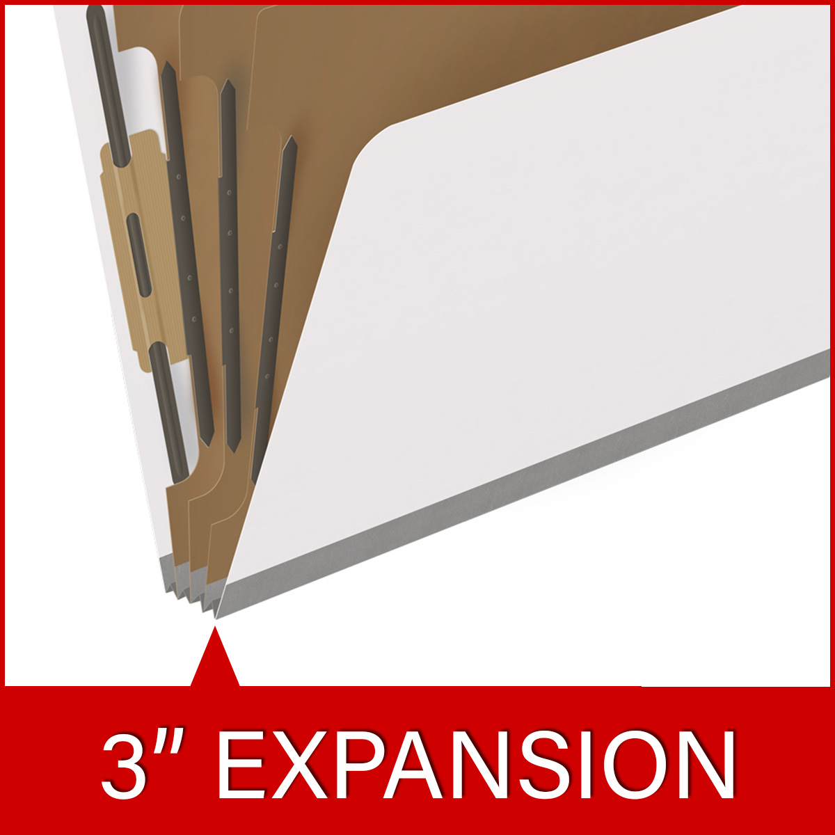 White letter size top tab classification folder with 3" gray tyvek expansion, with 2" bonded fasteners on inside front and inside back and 1" duo fastener on dividers. 18 pt. paper stock and 17 pt brown kraft dividers. Packaged 10/50.