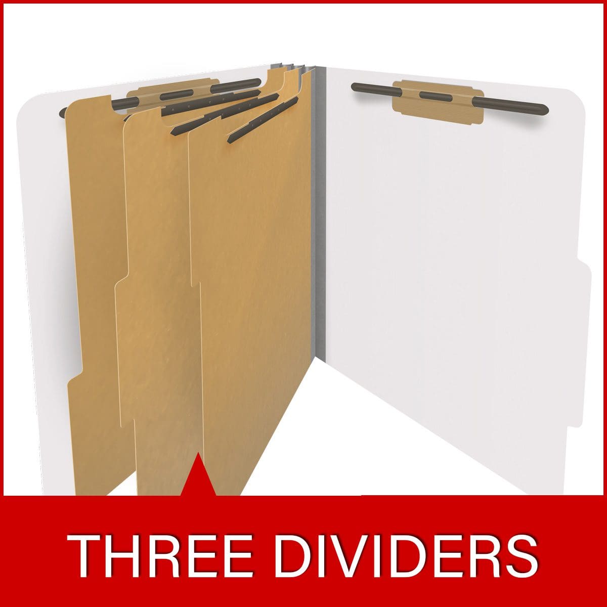 White letter size top tab classification folder with 3" gray tyvek expansion, with 2" bonded fasteners on inside front and inside back and 1" duo fastener on dividers. 18 pt. paper stock and 17 pt brown kraft dividers. Packaged 10/50.