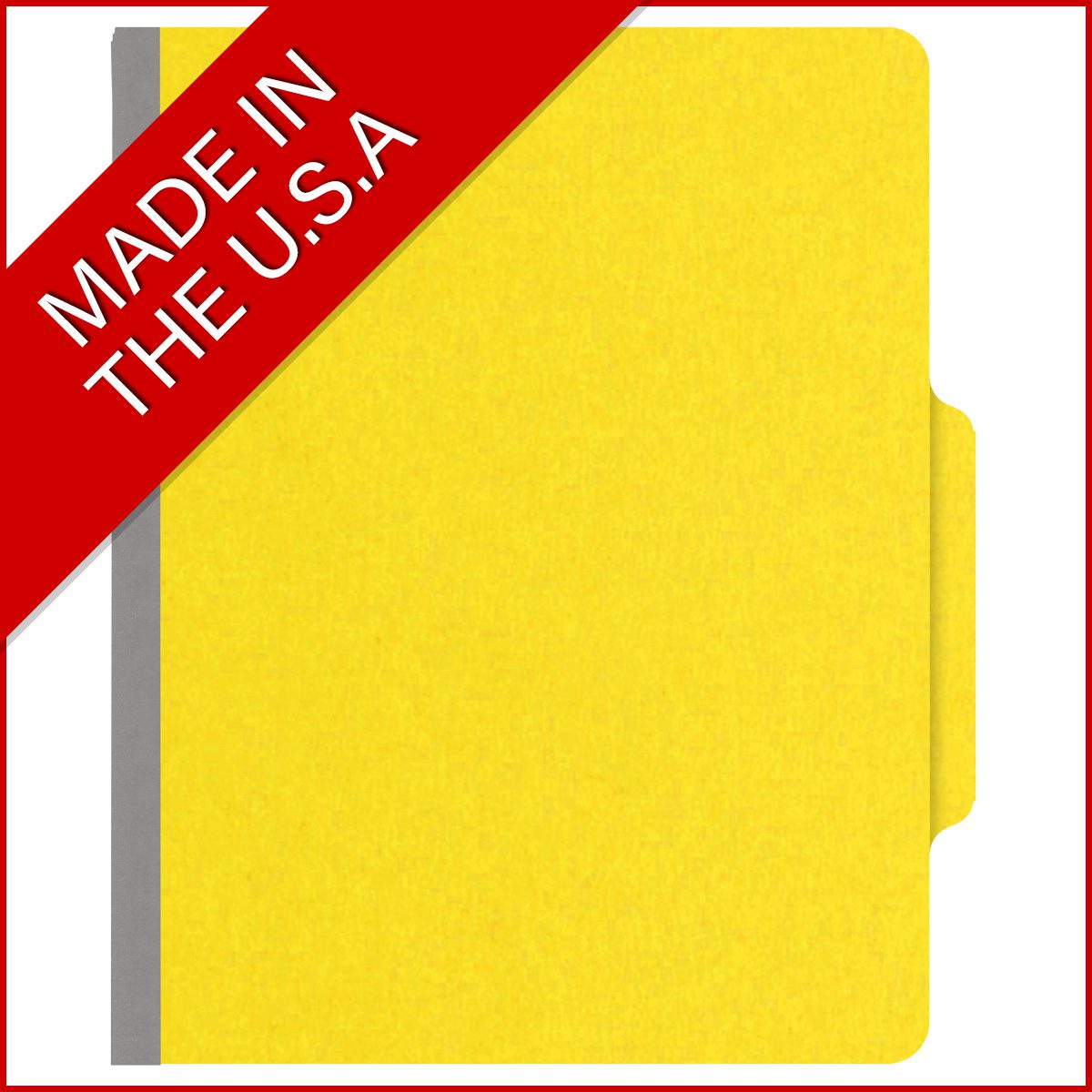 Yellow letter size top tab classification folder with 3" gray tyvek expansion, with 2" bonded fasteners on inside front and inside back and 1" duo fastener on dividers. 18 pt. paper stock and 17 pt brown kraft dividers. Packaged 10/50.