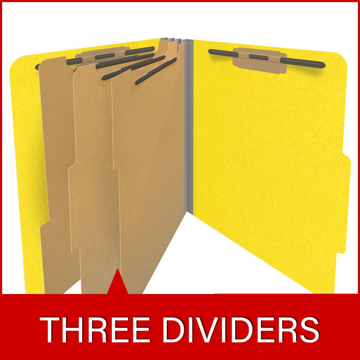 Yellow letter size top tab classification folder with 3" gray tyvek expansion, with 2" bonded fasteners on inside front and inside back and 1" duo fastener on dividers. 18 pt. paper stock and 17 pt brown kraft dividers. Packaged 10/50.