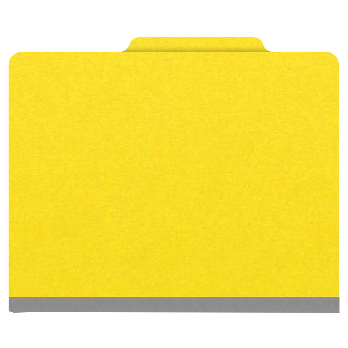 Yellow letter size top tab classification folder with 3" gray tyvek expansion, with 2" bonded fasteners on inside front and inside back and 1" duo fastener on dividers. 18 pt. paper stock and 17 pt brown kraft dividers. Packaged 10/50.