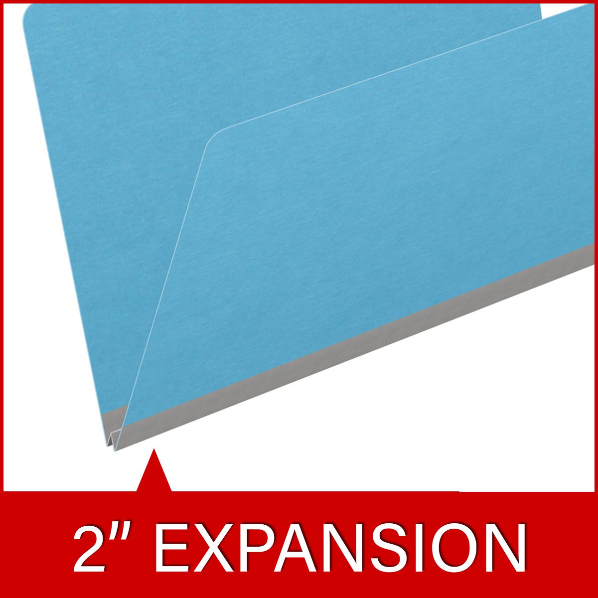 Blue legal size top tab classification folder with 2" gray tyvek expansion. 18 pt. paper stock. Packaged 25/125.