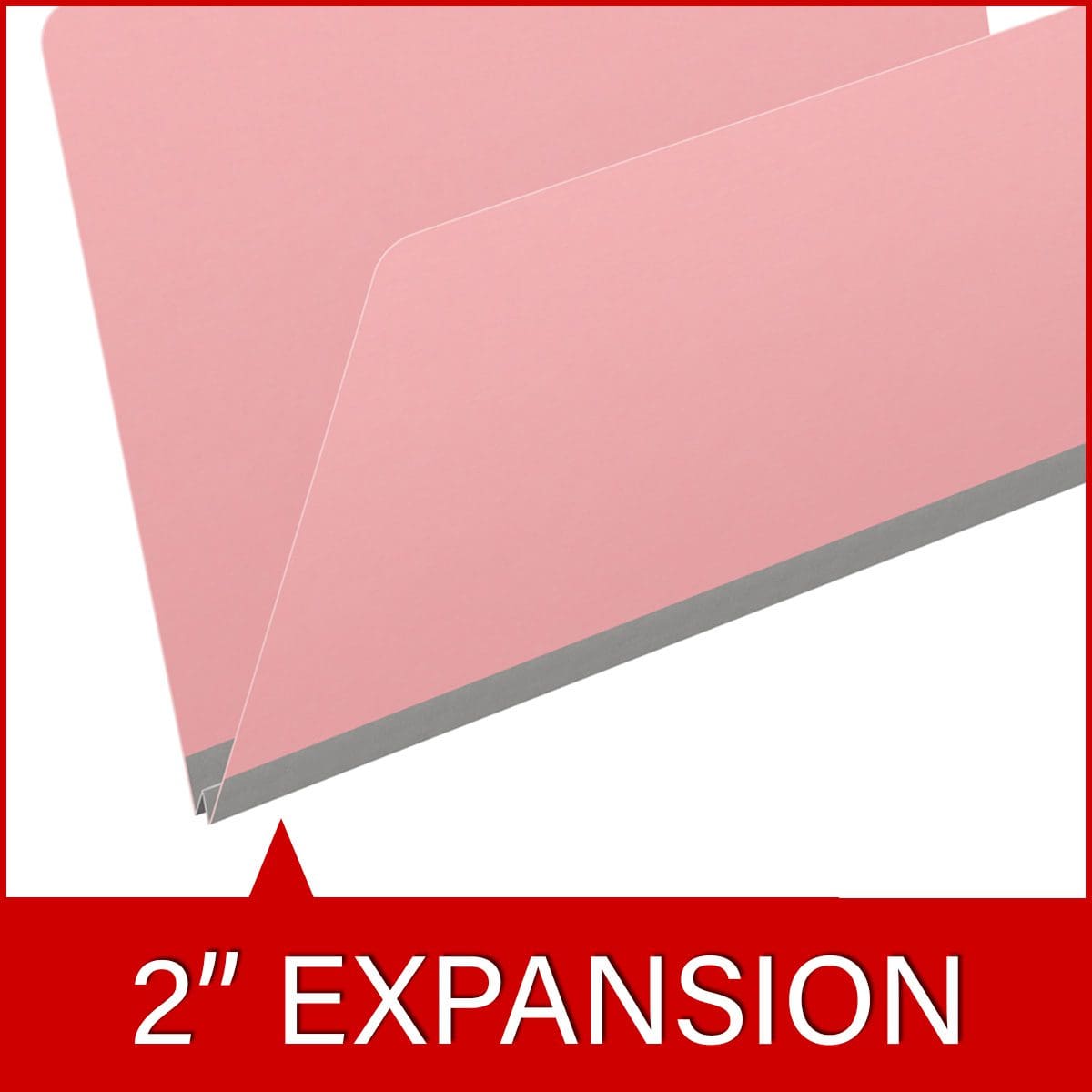 Pink legal size top tab classification folder with 2" gray tyvek expansion. 18 pt. paper stock. Packaged 25/125.