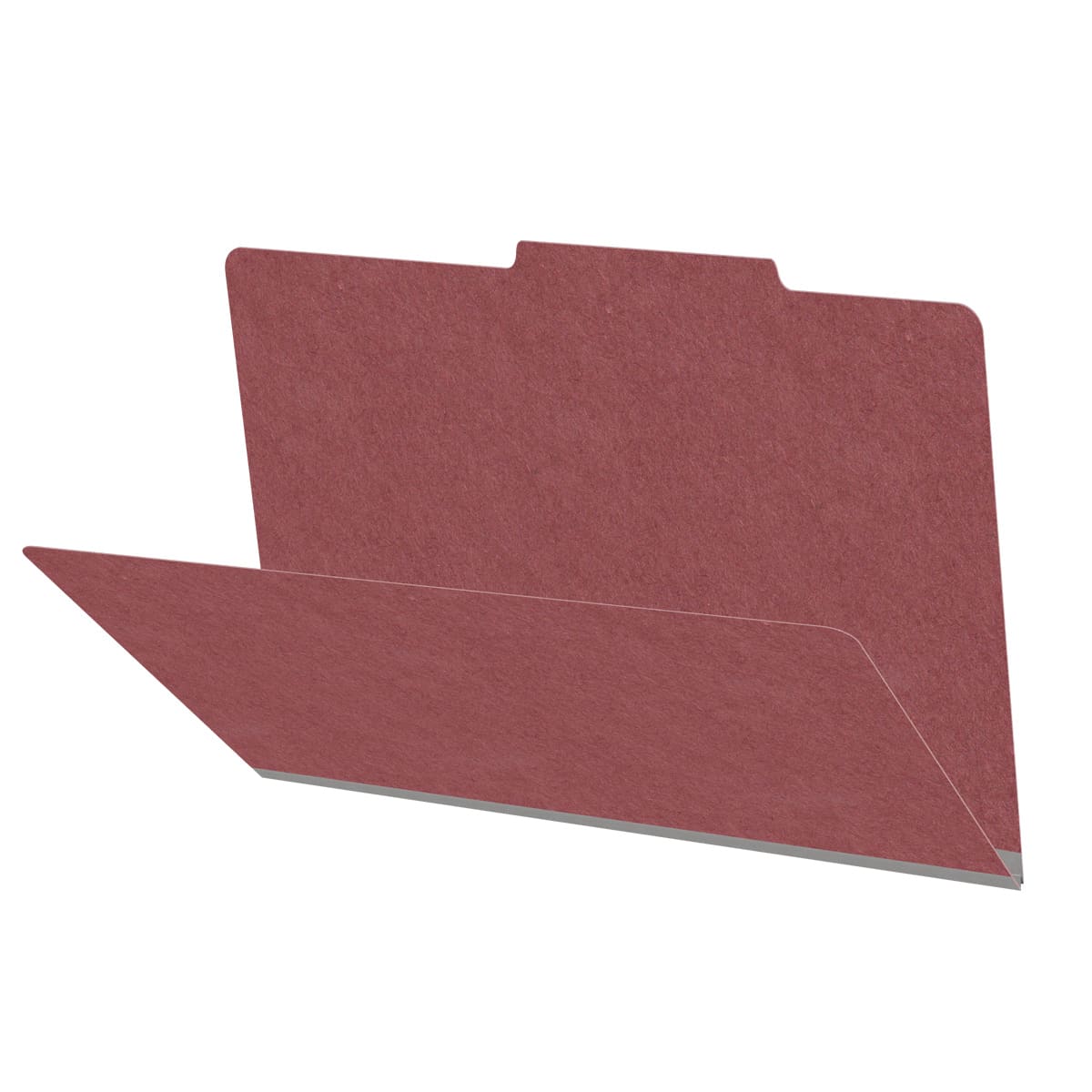 Dark red legal size top tab classification folder with 2" russet brown tyvek expansion. 25 pt type 3 pressboard stock. Packaged 25/125.