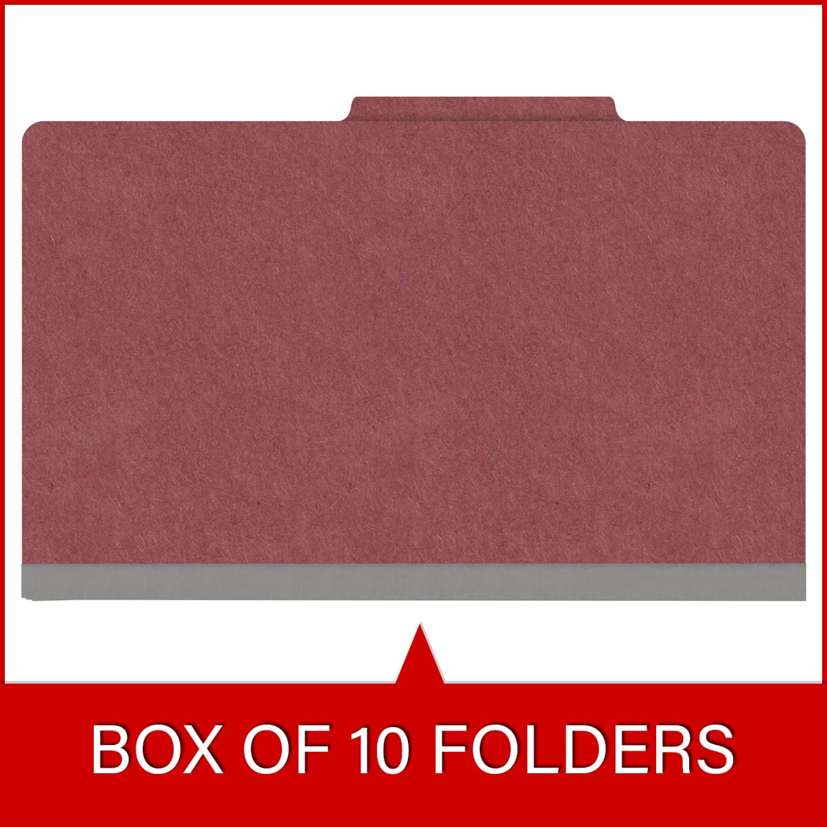 Dark red legal size top tab classification folder with 2" russet brown tyvek expansion. 25 pt type 3 pressboard stock. Packaged 25/125.