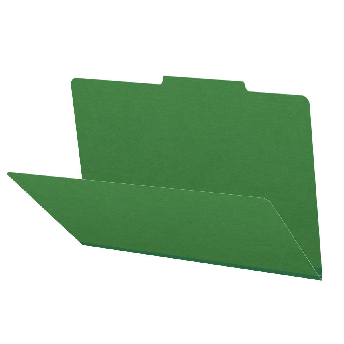 Moss green legal size top tab classification folder with 2" dark green tyvek expansion. 25 pt type 3 pressboard stock. Packaged 25/125