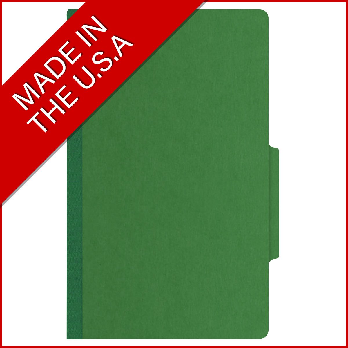Moss green legal size top tab classification folder with 2" dark green tyvek expansion. 25 pt type 3 pressboard stock. Packaged 25/125