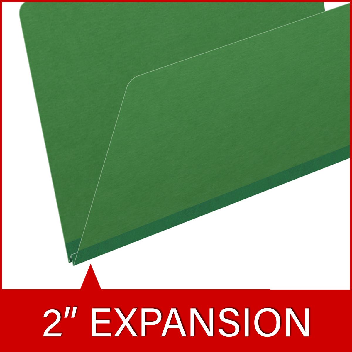 Moss green legal size top tab classification folder with 2" dark green tyvek expansion. 25 pt type 3 pressboard stock. Packaged 25/125