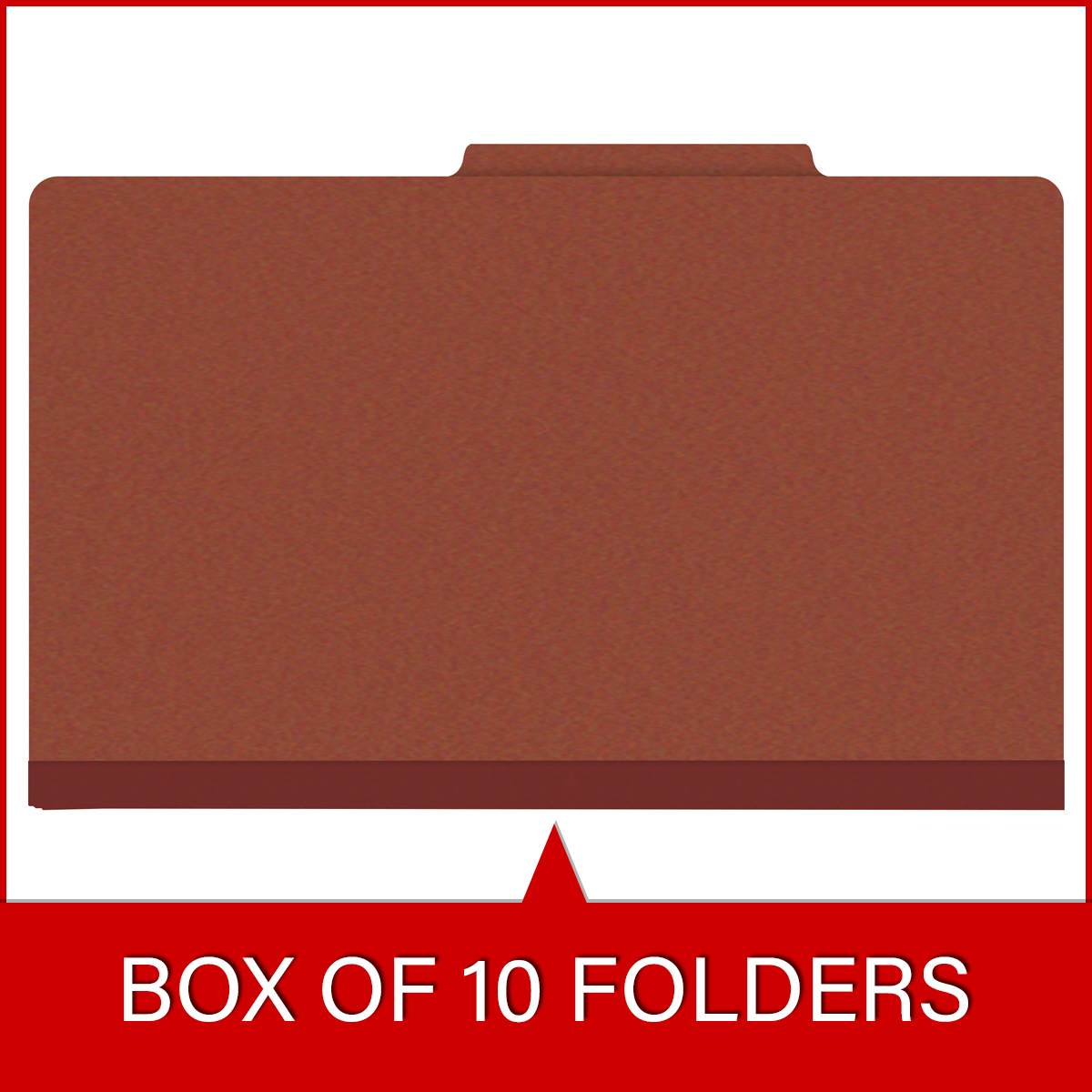 Red legal size top tab classification folder with 2" russet brown tyvek expansion. 25 pt type 3 pressboard stock. Packaged 25/125.