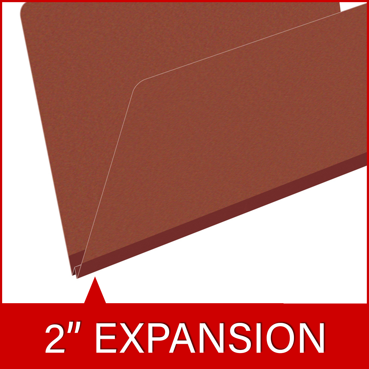 Red legal size top tab classification folder with 2" russet brown tyvek expansion. 25 pt type 3 pressboard stock. Packaged 25/125.