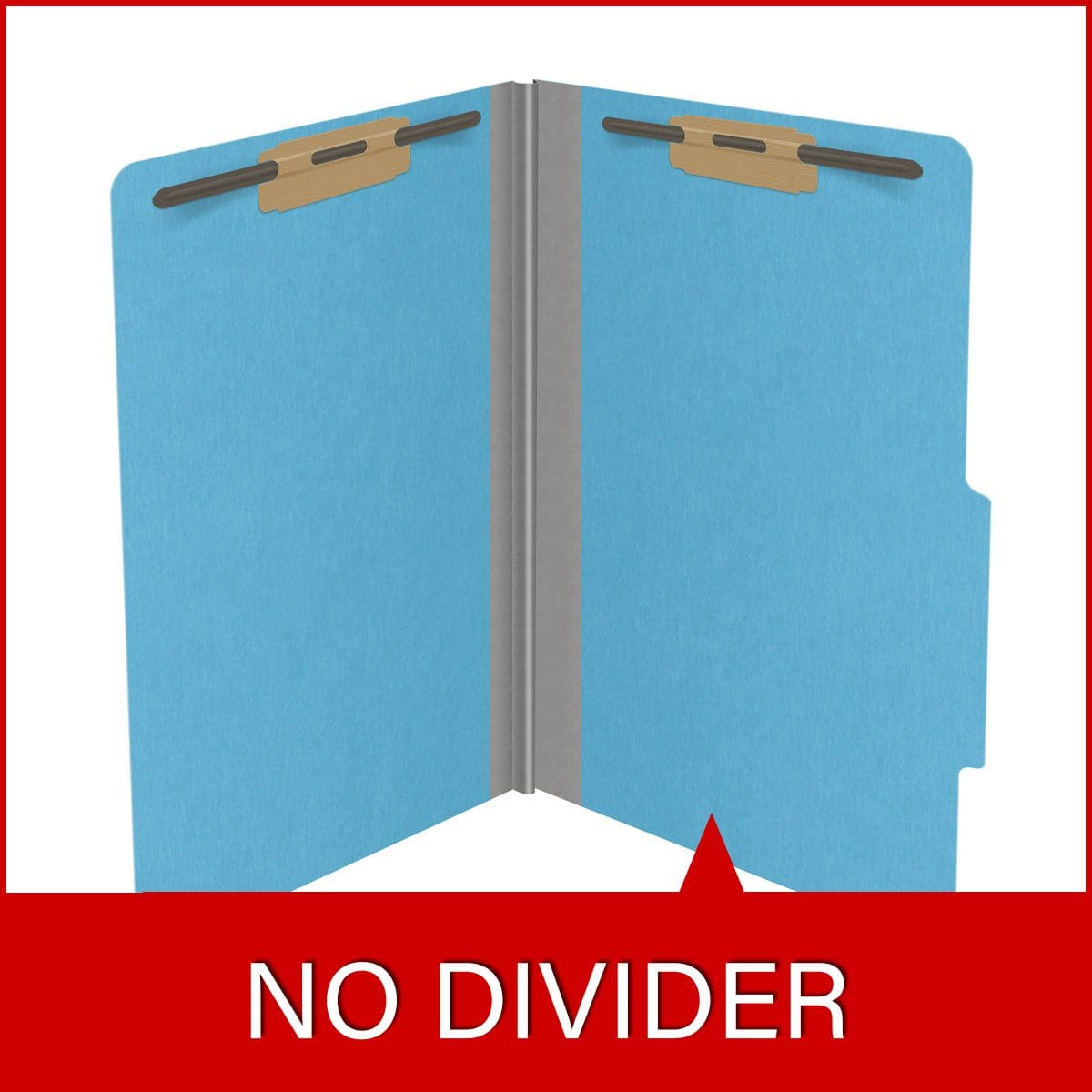 Blue legal size top tab classification folder with 2" gray tyvek expansion and 2" bonded fasteners on inside front and inside back. 18 pt. paper stock. Packaged 25/125.