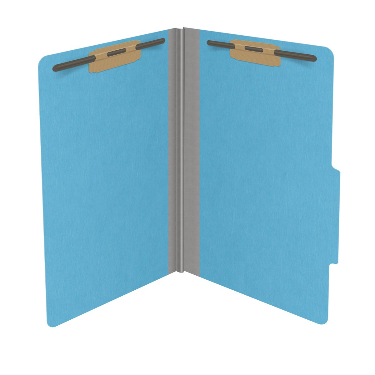 Blue legal size top tab classification folder with 2" gray tyvek expansion and 2" bonded fasteners on inside front and inside back. 18 pt. paper stock. Packaged 25/125.