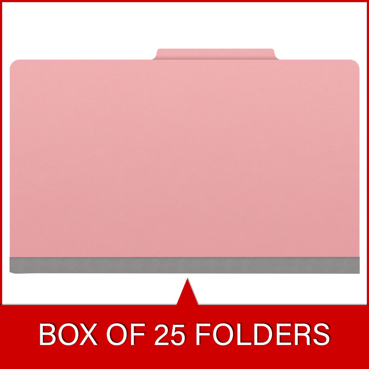 Pink legal size top tab classification folder with 2" gray tyvek expansion and 2" bonded fasteners on inside front and inside back. 18 pt. paper stock. Packaged 25/125.