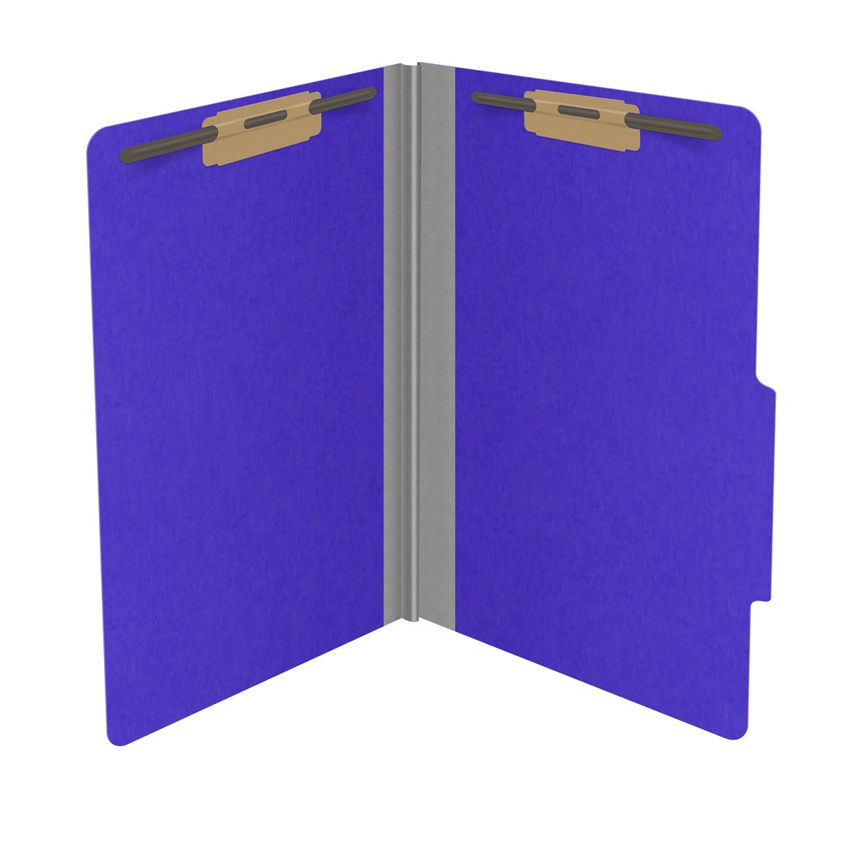 Purple legal size top tab classification folder with 2" gray tyvek expansion and 2" bonded fasteners on inside front and inside back. 18 pt. paper stock. Packaged 25/125.