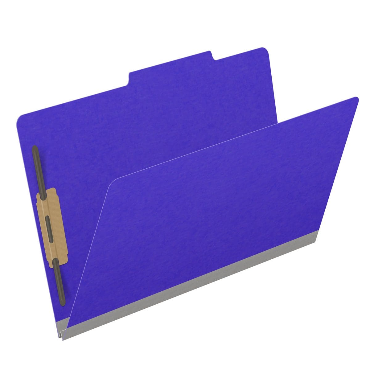 Purple legal size top tab classification folder with 2" gray tyvek expansion and 2" bonded fasteners on inside front and inside back. 18 pt. paper stock. Packaged 25/125.