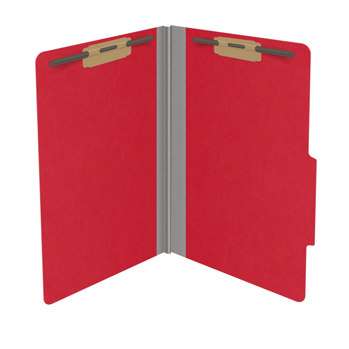 Red legal size top tab classification folder with 2" gray tyvek expansion and 2" bonded fasteners on inside front and inside back. 18 pt. paper stock. Packaged 25/125.