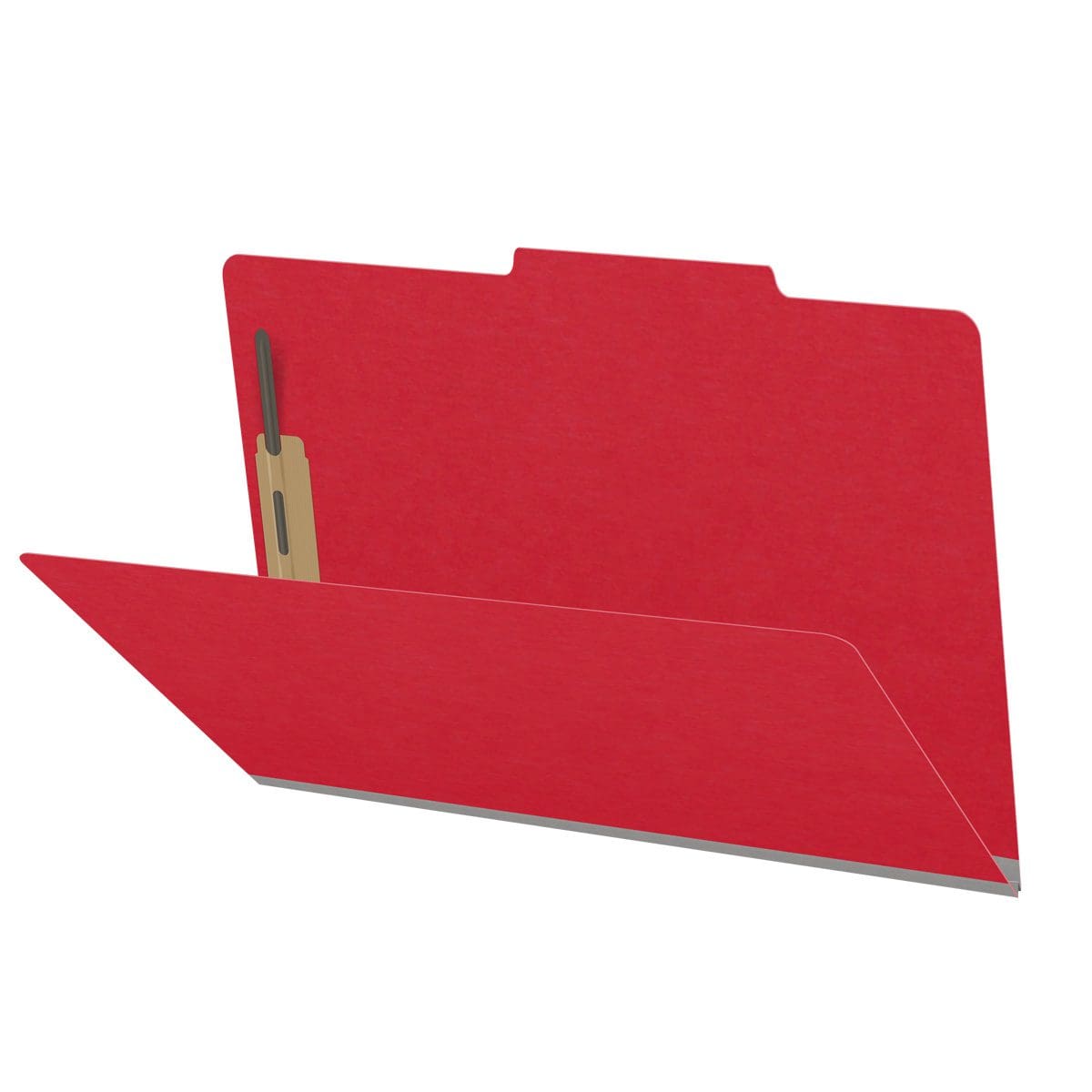 Red legal size top tab classification folder with 2" gray tyvek expansion and 2" bonded fasteners on inside front and inside back. 18 pt. paper stock, 25/Box