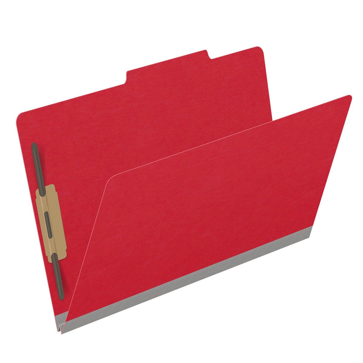 Red legal size top tab classification folder with 2" gray tyvek expansion and 2" bonded fasteners on inside front and inside back. 18 pt. paper stock. Packaged 25/125.