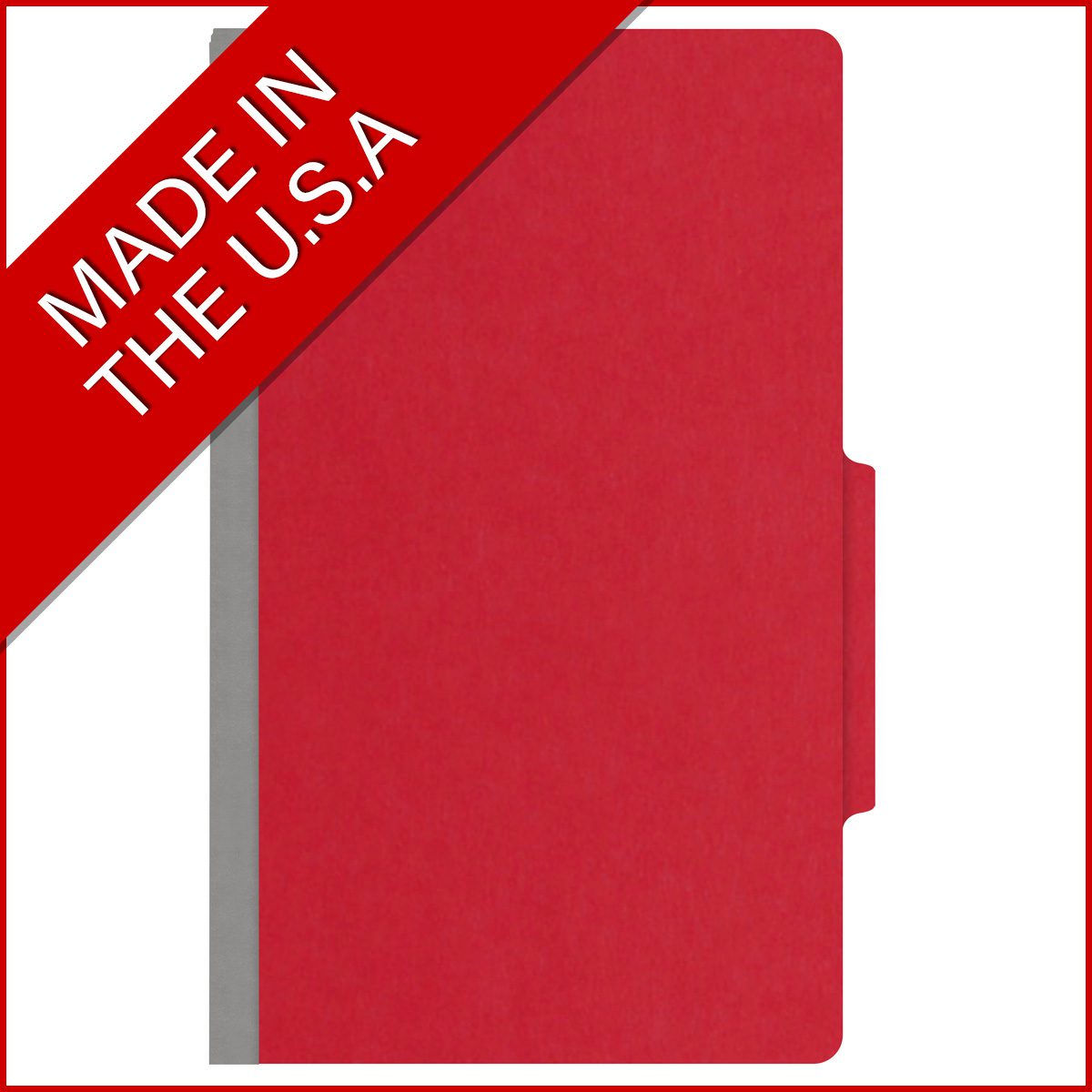 Red legal size top tab classification folder with 2" gray tyvek expansion and 2" bonded fasteners on inside front and inside back. 18 pt. paper stock. Packaged 25/125.