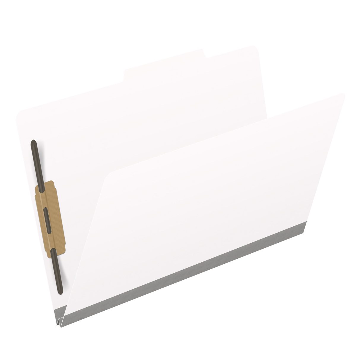 White legal size top tab classification folder with 2" gray tyvek expansion and 2" bonded fasteners on inside front and inside back. 18 pt. paper stock. Packaged 25/125.