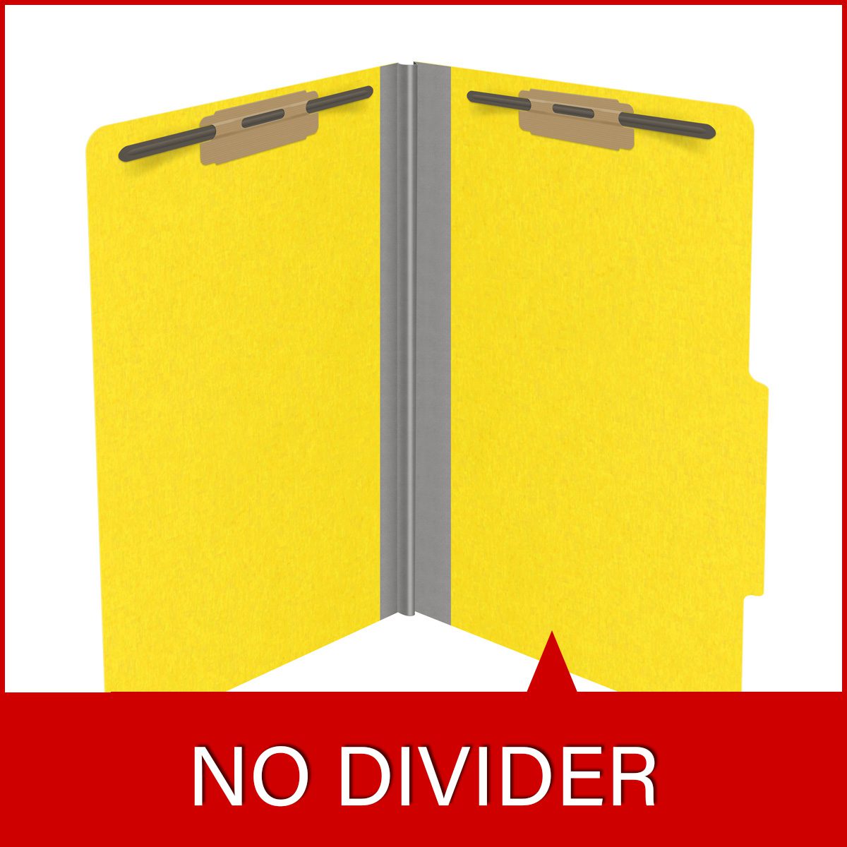Yellow legal size top tab classification folder with 2" gray tyvek expansion and 2" bonded fasteners on inside front and inside back. 18 pt. paper stock. Packaged 25/125.
