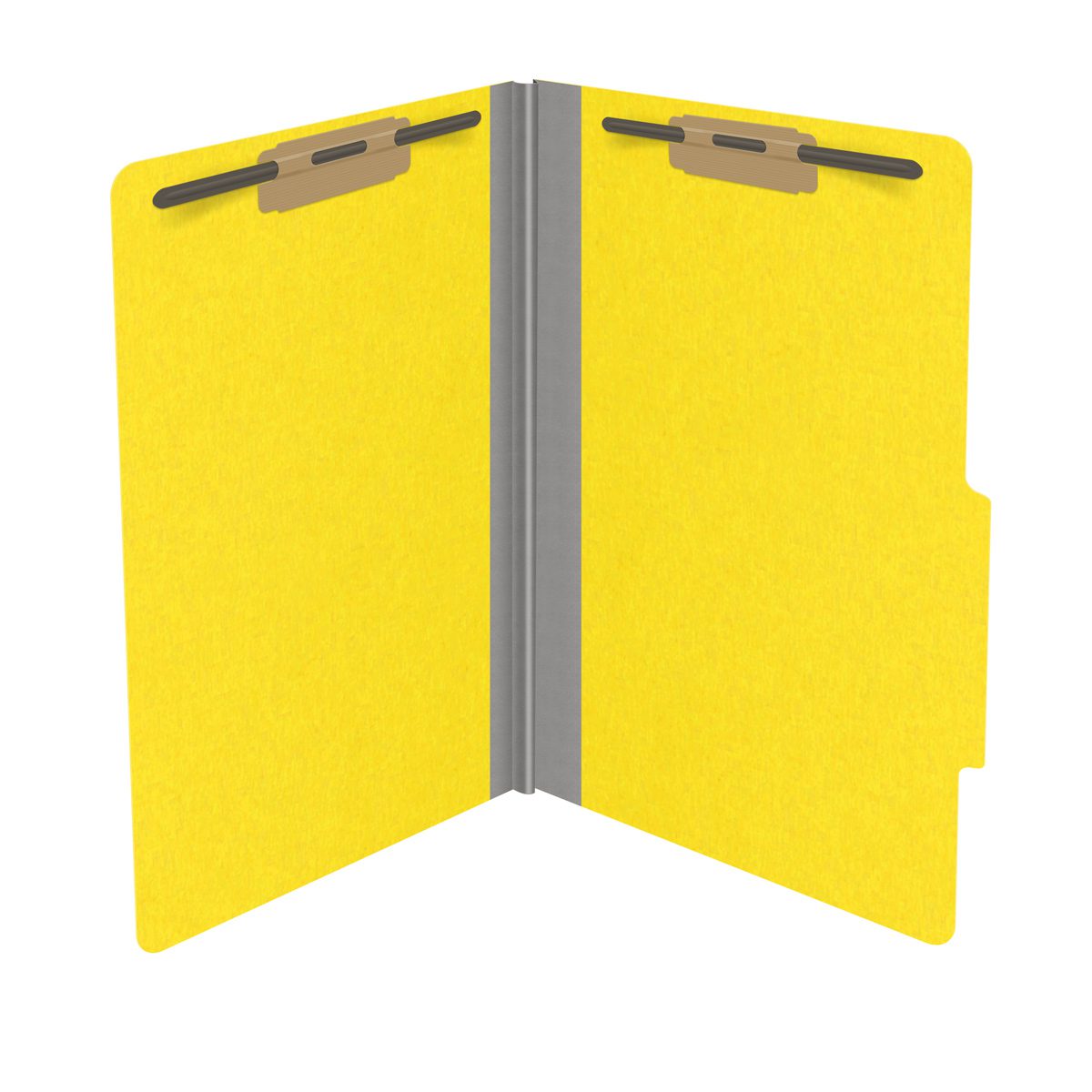 Yellow legal size top tab classification folder with 2" gray tyvek expansion and 2" bonded fasteners on inside front and inside back. 18 pt. paper stock. Packaged 25/125.