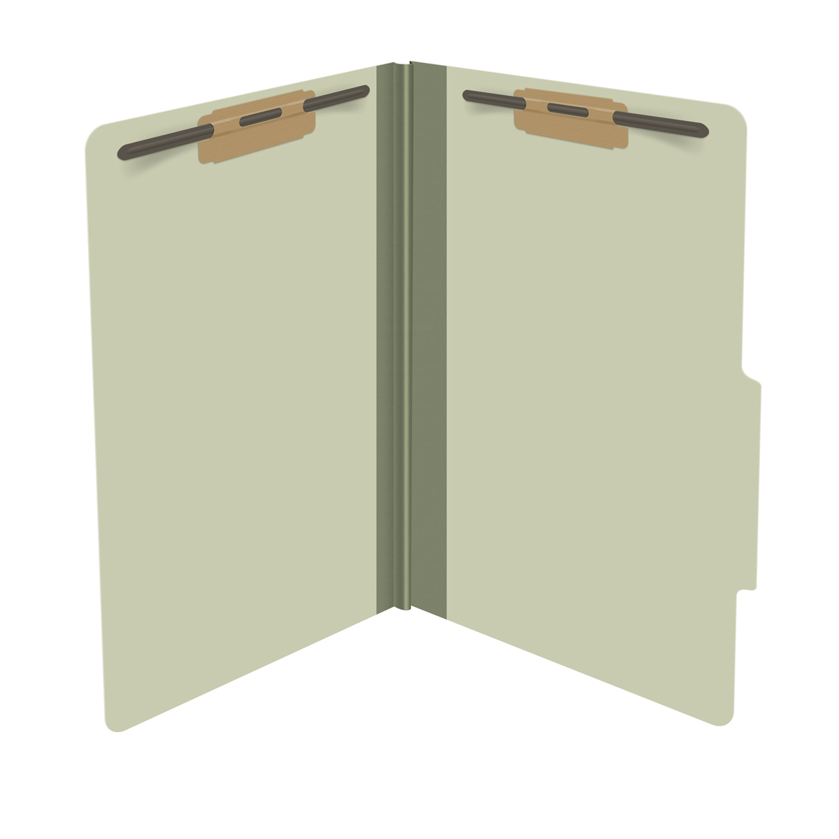 Green legal size top tab classification folder with 2" gray tyvek expansion and 2" bonded fasteners on inside front and inside back. 25 pt type 3 pressboard stock. Packaged 25/125.