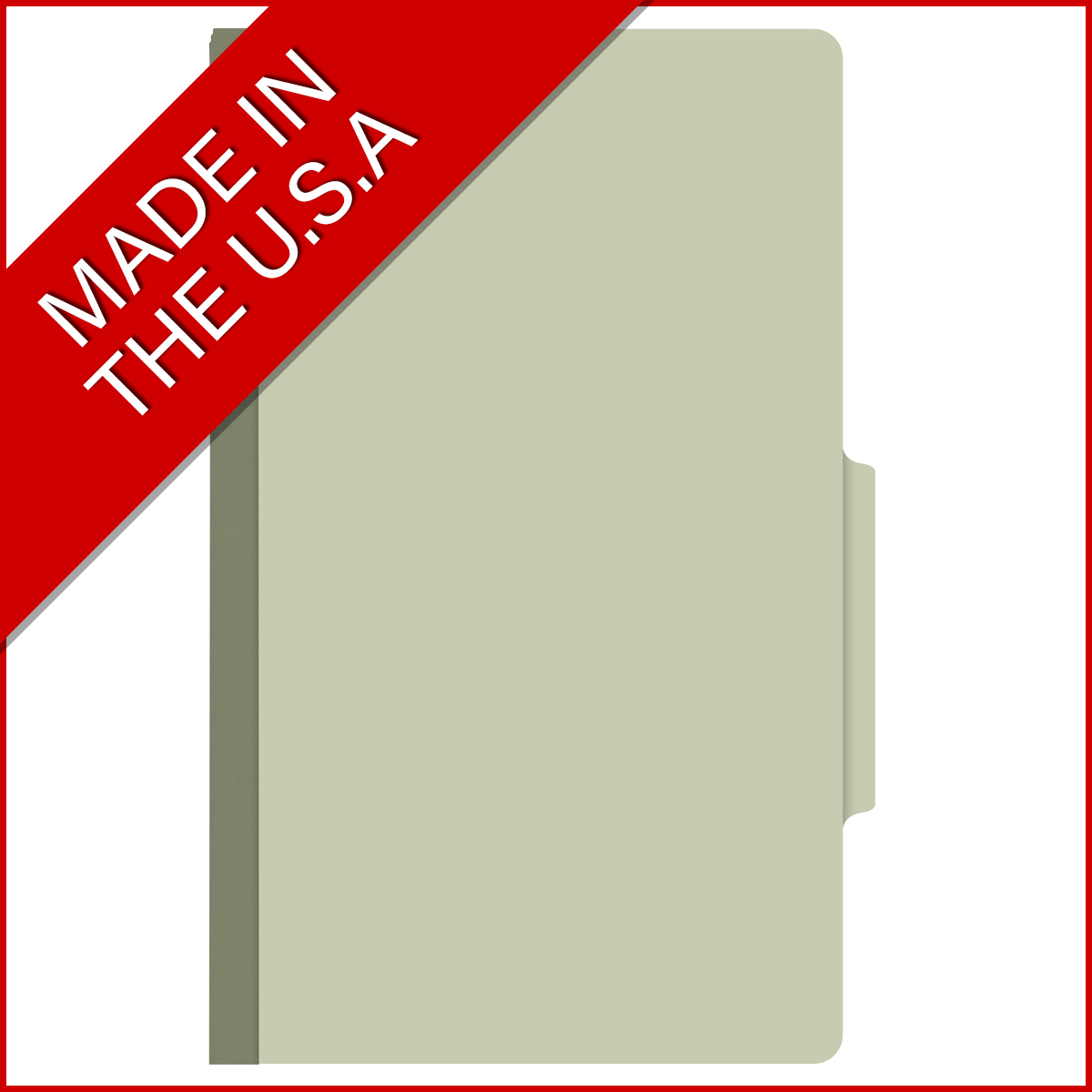 Green legal size top tab classification folder with 2" gray tyvek expansion and 2" bonded fasteners on inside front and inside back. 25 pt type 3 pressboard stock. Packaged 25/125.