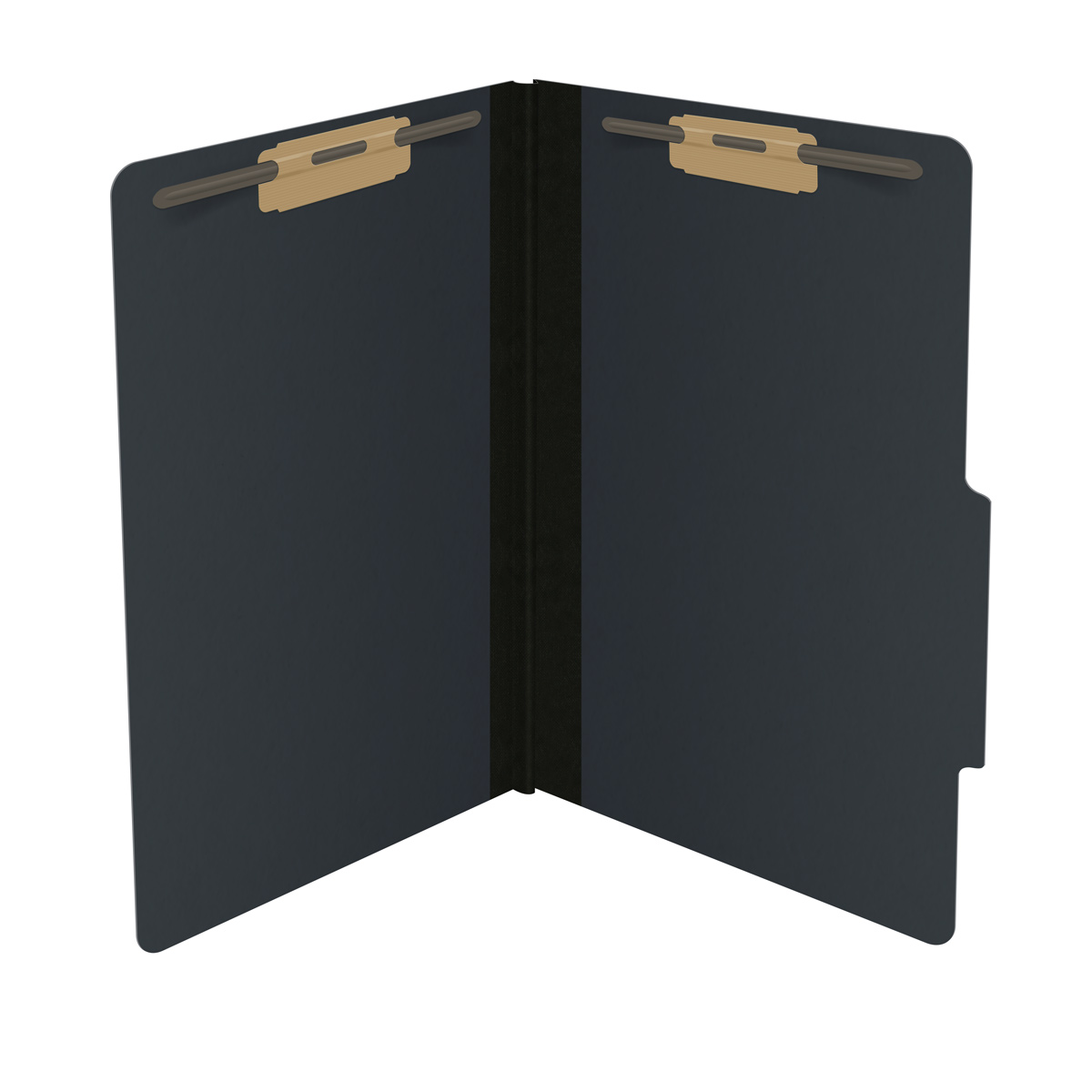Black legal size top tab classification folder with 2" gray tyvek expansion and 2" bonded fasteners on inside front and inside back. 25 pt type 3 pressboard stock. Packaged 25/125.