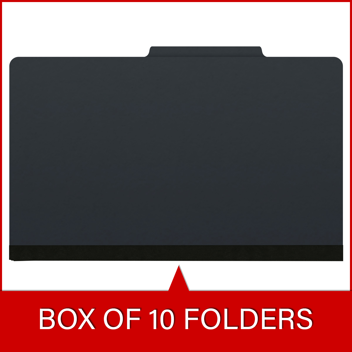 Black legal size top tab classification folder with 2" gray tyvek expansion and 2" bonded fasteners on inside front and inside back. 25 pt type 3 pressboard stock. Packaged 25/125.