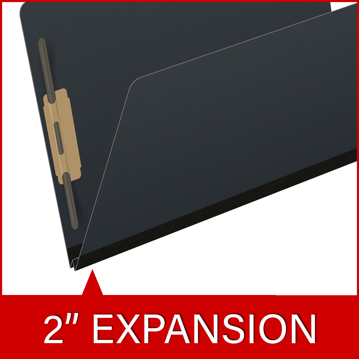 Black legal size top tab classification folder with 2" gray tyvek expansion and 2" bonded fasteners on inside front and inside back. 25 pt type 3 pressboard stock. Packaged 25/125.