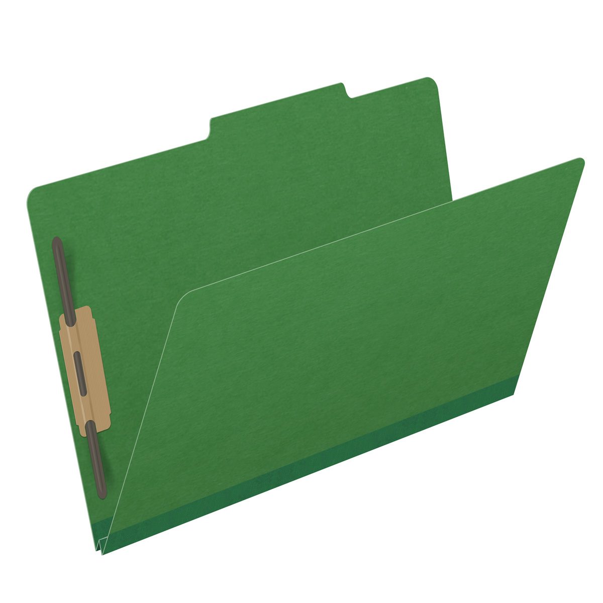 Moss green legal size top tab classification folder with 2" dark green tyvek expansion and 2" bonded fasteners on inside front and inside back. 25 pt type 3 pressboard stock, 25/Box