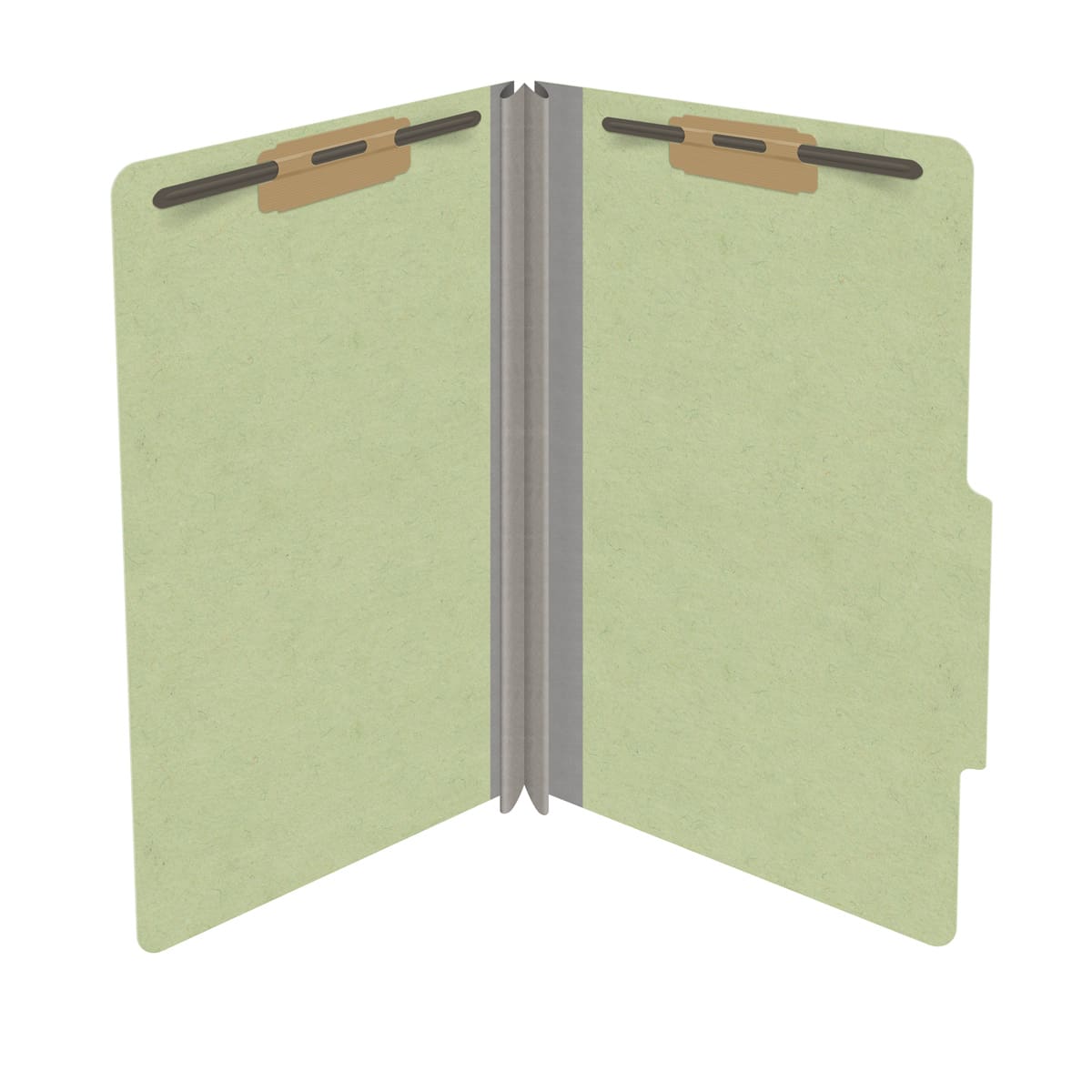 Peridot green legal size top tab classification folder with 2" dark green tyvek expansion and 2" bonded fasteners on inside front and inside back. 25 pt type 3 pressboard stock. Packaged 25/125.