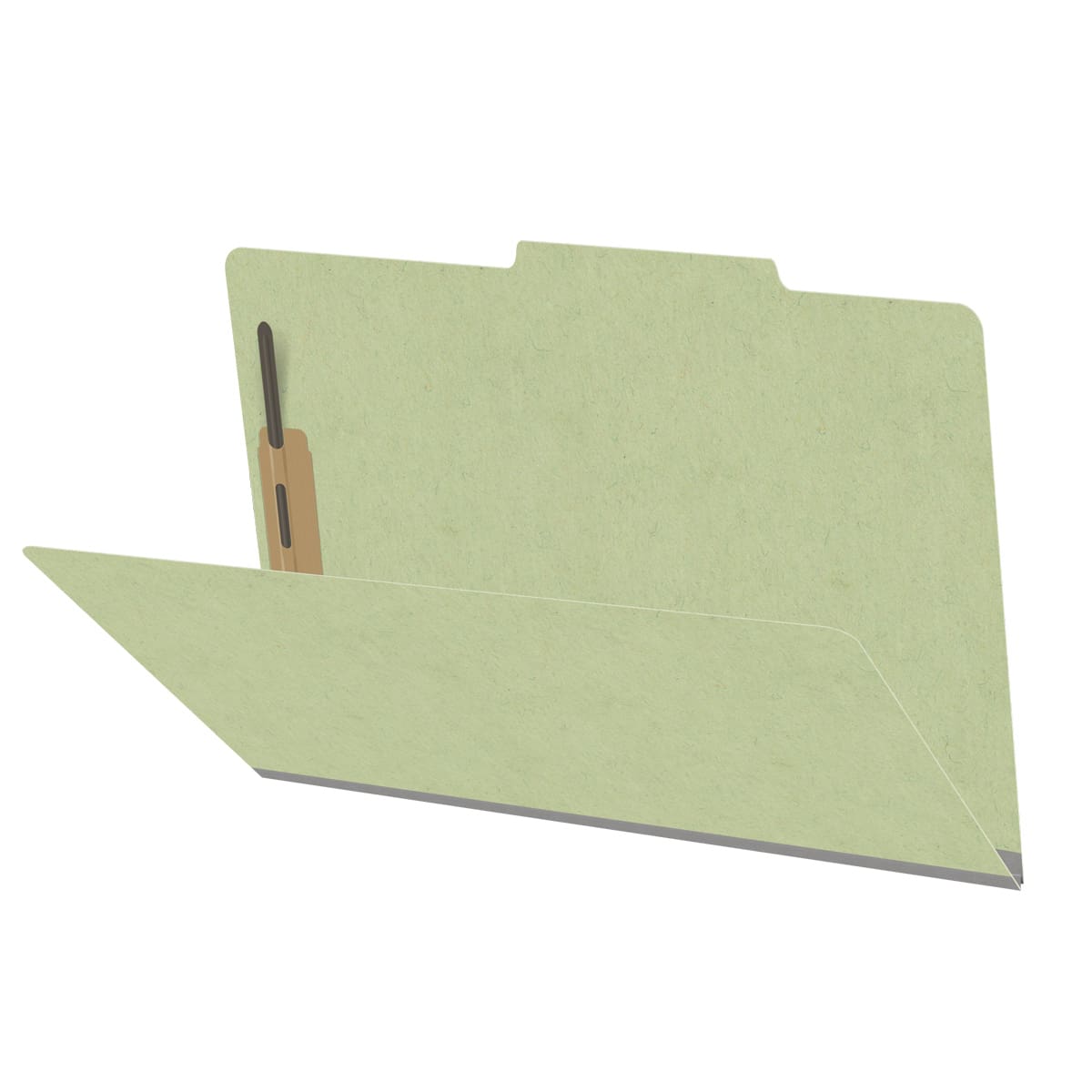 Peridot green legal size top tab classification folder with 2" dark green tyvek expansion and 2" bonded fasteners on inside front and inside back. 25 pt type 3 pressboard stock. Packaged 25/125.