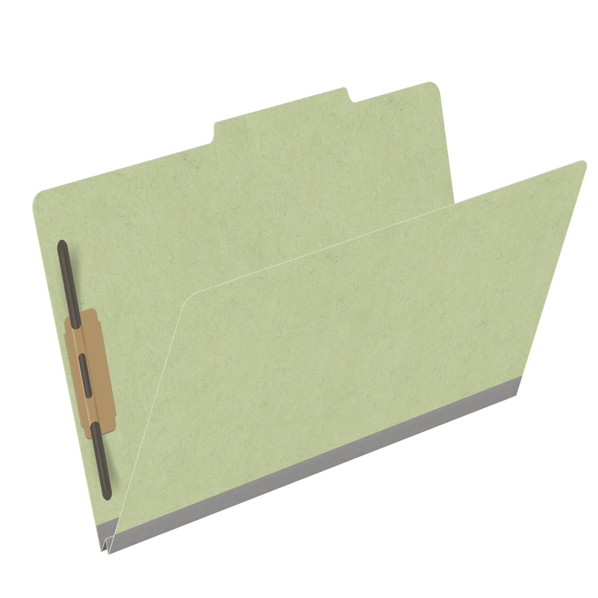 Peridot green legal size top tab classification folder with 2" dark green tyvek expansion and 2" bonded fasteners on inside front and inside back. 25 pt type 3 pressboard stock, 25/Box