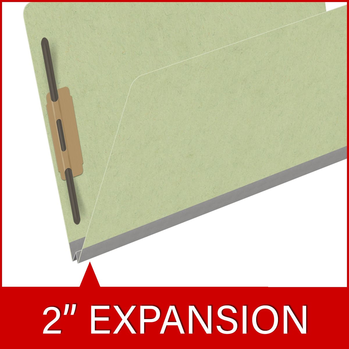 Peridot green legal size top tab classification folder with 2" dark green tyvek expansion and 2" bonded fasteners on inside front and inside back. 25 pt type 3 pressboard stock. Packaged 25/125.